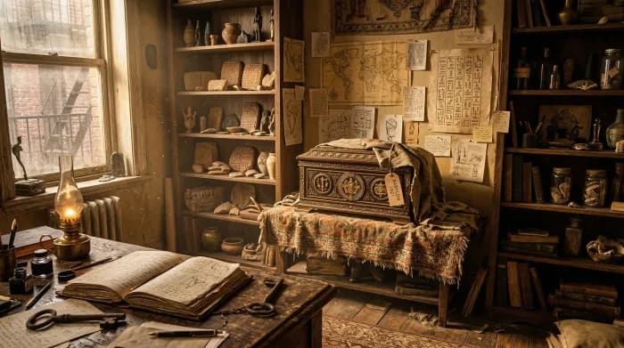 En svagt upplyst 1920-tals New York-lägenhet fylld med antika artefakter, kartor och reliker, centrerad kring en mystisk utsmyckad ask på ett rörigt skrivbord, badad i varmt bärnstensfärgat ljus
