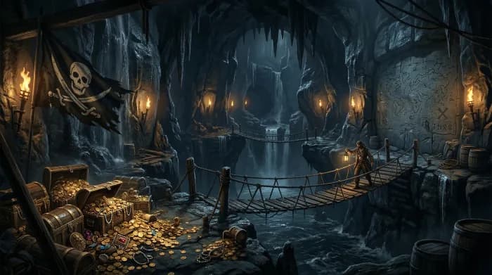 A dramatic torchlit pirate cavern with overflowing treasure chests, ancient rope bridges, and rising flood water reflecting gold light against deep navy stone walls