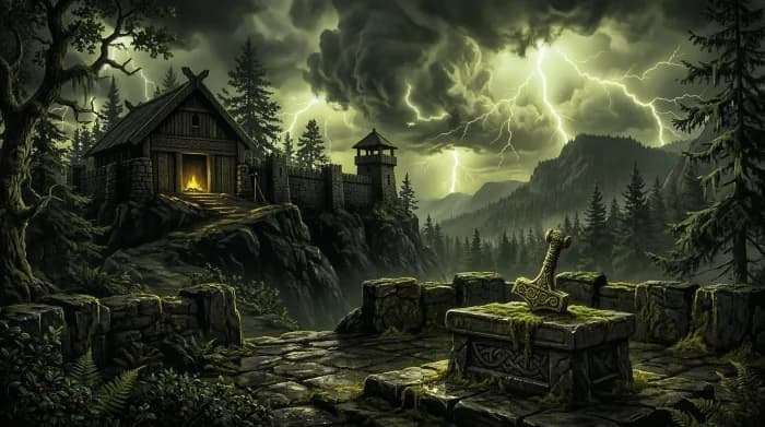 Ett stormigt nordiskt landskap med Tors hammare Mjölnir som utstrålar gyllene blixtar på ett stenaltare, elektriska bågar som klyver en mörk virvlande himmel ovanför en vikingajarls gömställe på klippkanten