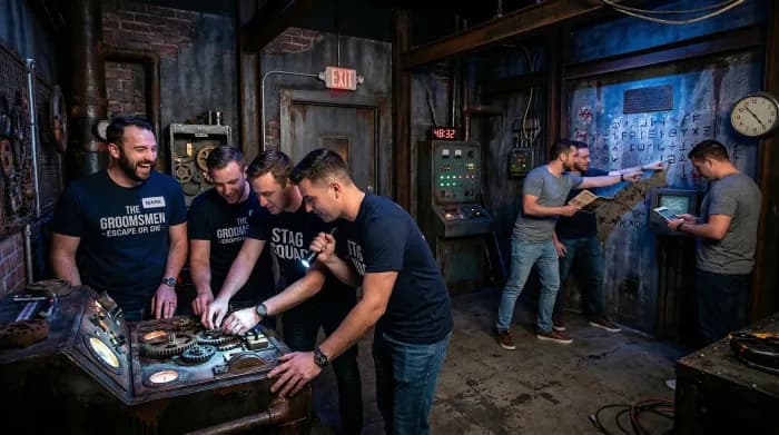 A group of men competing in a bachelor party escape room challenge