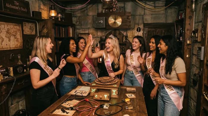 A group of women celebrating a bachelorette party in an atmospheric escape room