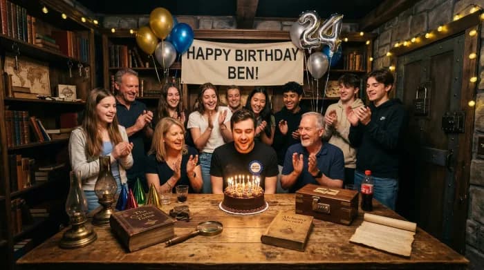 Friends celebrating a birthday with balloons in an escape room