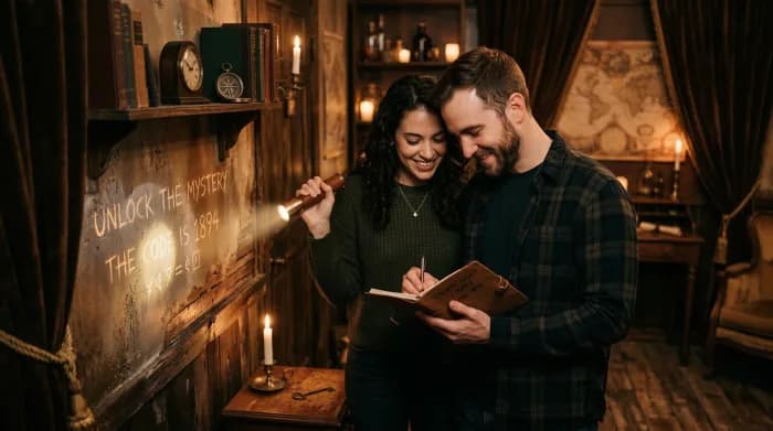 A couple on a date night solving puzzles together in an escape room
