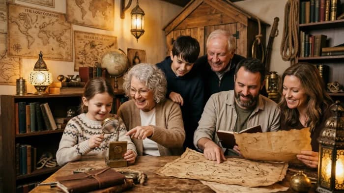 A family with kids and grandparents solving puzzles in an escape room