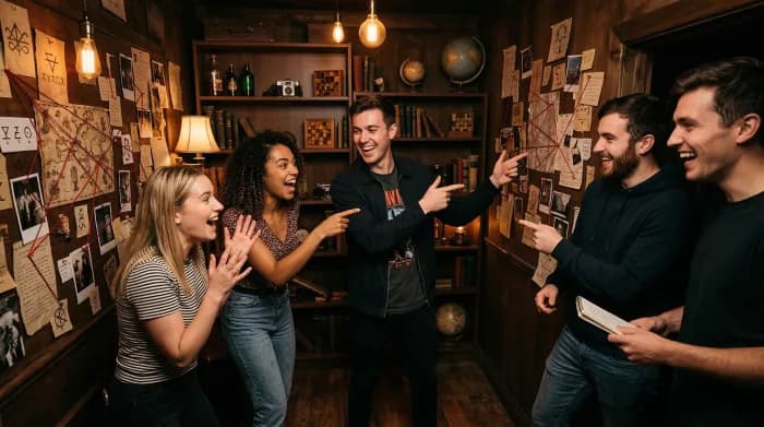 A group of friends having fun together in an escape room