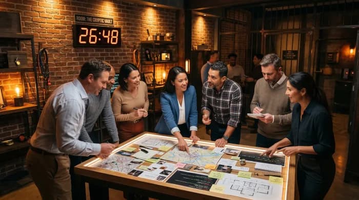A corporate team collaborating on puzzles during a team building escape room