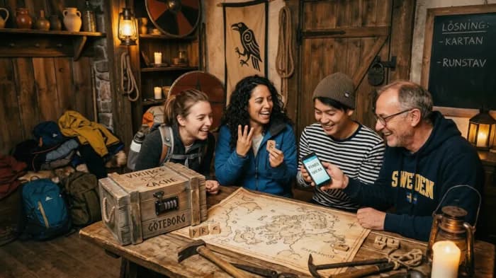 Tourists exploring a themed escape room in Borås
