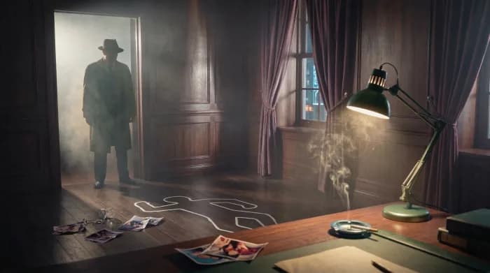 Ett skuggigt 1940-tals herrgårdsstudie med en kritkontyr på golvet, utspridda brottsplatsfoton och en siluett av en detektiv i dörröppningen höljd i dimma