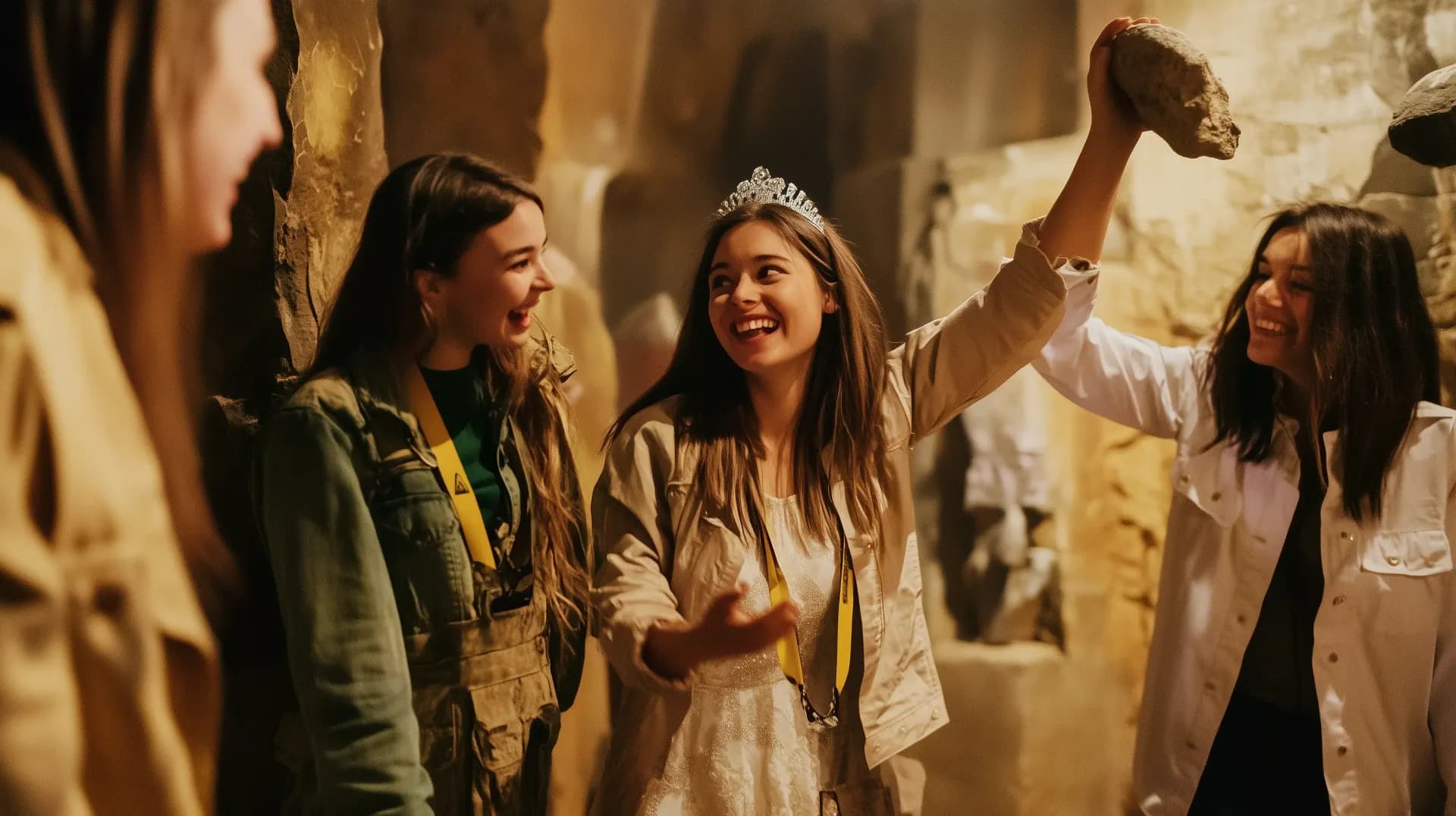 En bild på ett glatt gäng kvinnor mitt i ett escape room. De håller i ledtrådar, ser förväntansfulla ut och omges av en spännande miljö med rekvisita (kartor, gamla böcker, låsta kistor). Bilden förmedlar glädje, samarbete och mystik.